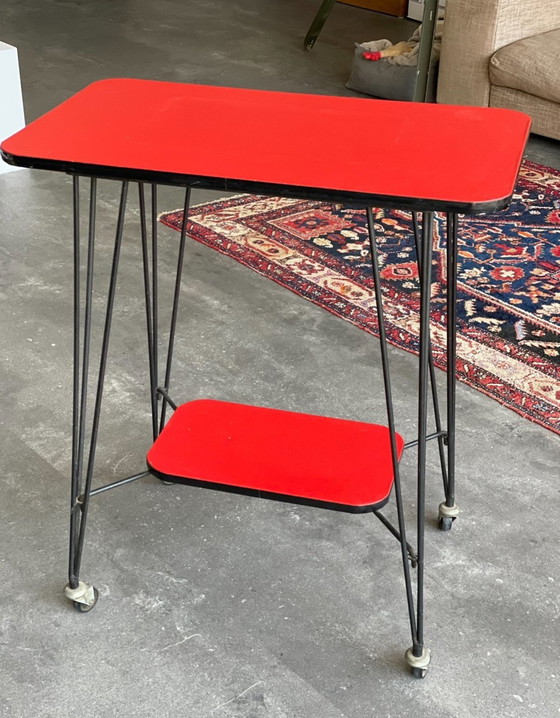 Image 1 of Side Table Trolley Serving Cart 1950s Red Black