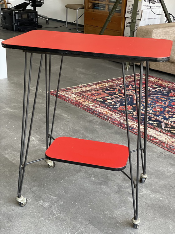 Image 1 of Side Table Trolley Serving Cart 1950s Red Black