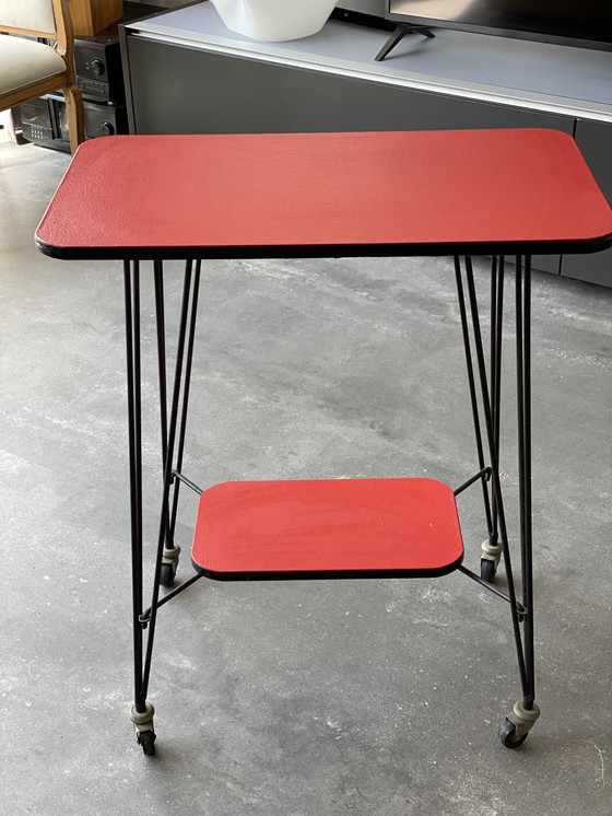 Image 1 of Side Table Trolley Serving Cart 1950s Red Black