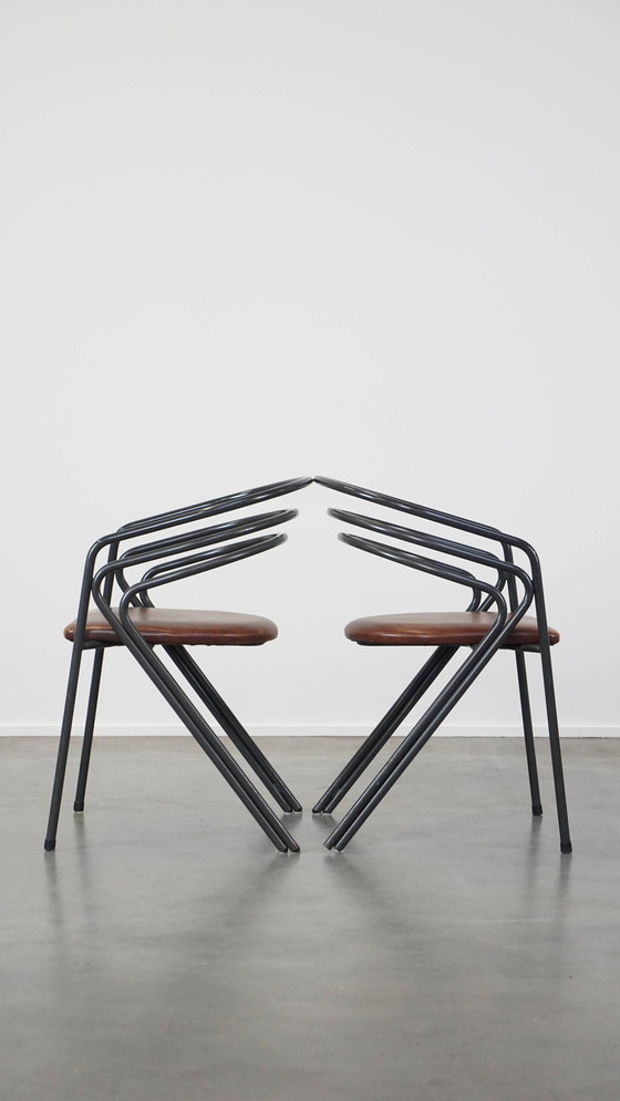 Image 1 of 4 X Design Dining Chair With Leather Seat And Metal Frame