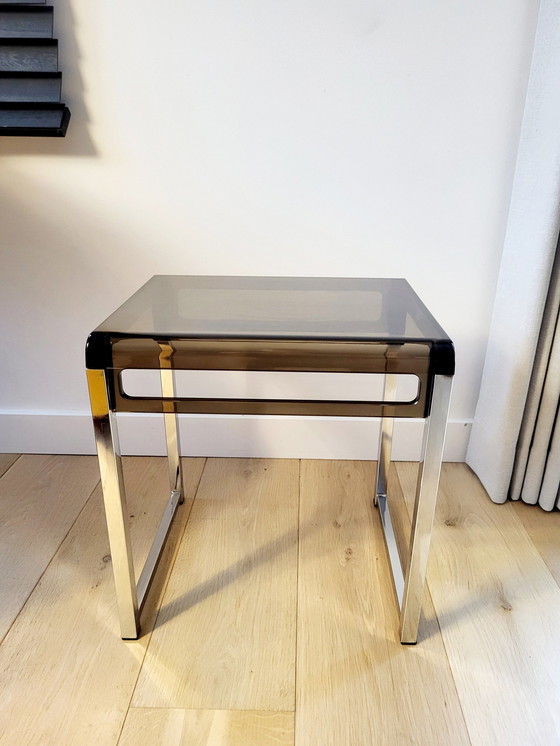 Image 1 of Space Age Side Table, Designer Marc Berthier For Prisunic, Chrome And Fumé Acrylic, 1960s