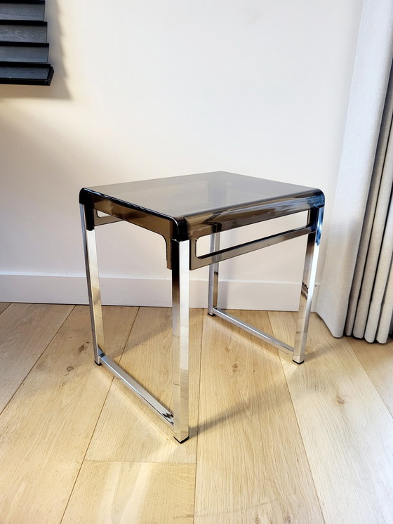 Image 1 of Space Age Side Table, Designer Marc Berthier For Prisunic, Chrome And Fumé Acrylic, 1960s