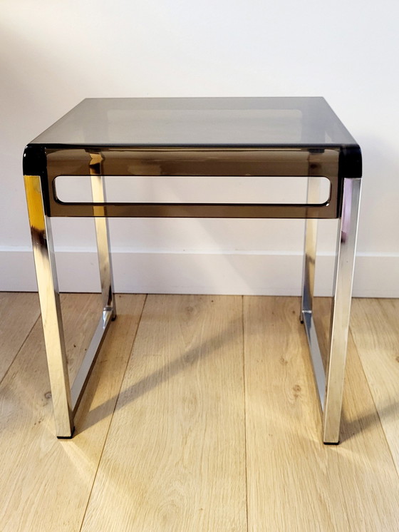 Image 1 of Space Age Side Table, Designer Marc Berthier For Prisunic, Chrome And Fumé Acrylic, 1960s