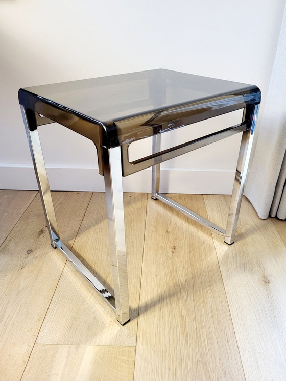 Image 1 of Space Age Side Table, Designer Marc Berthier For Prisunic, Chrome And Fumé Acrylic, 1960s