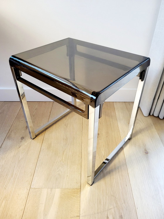 Image 1 of Space Age Side Table, Designer Marc Berthier For Prisunic, Chrome And Fumé Acrylic, 1960s