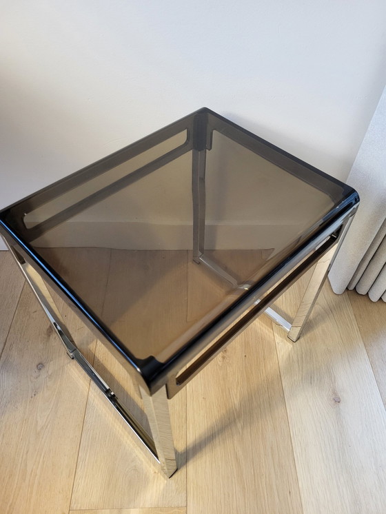 Image 1 of Space Age Side Table, Designer Marc Berthier For Prisunic, Chrome And Fumé Acrylic, 1960s