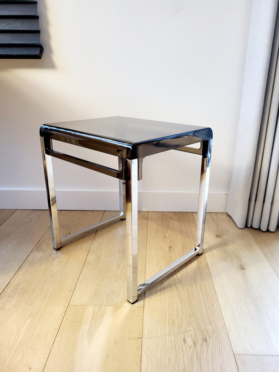 Image 1 of Space Age Side Table, Designer Marc Berthier For Prisunic, Chrome And Fumé Acrylic, 1960s