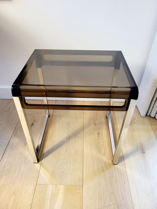 Space Age Side Table, Designer Marc Berthier For Prisunic, Chrome And Fumé Acrylic, 1960s