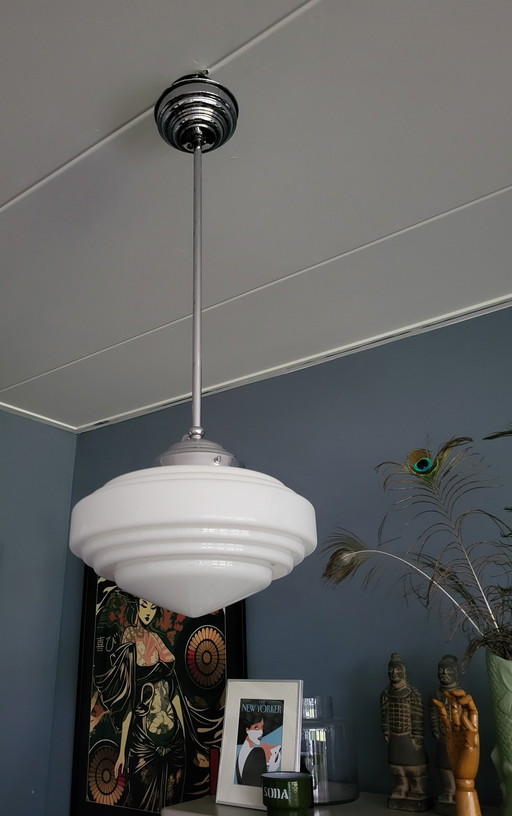 Art Deco Pendant Lamp In Gispen Style With White Opaline Glass Shade.