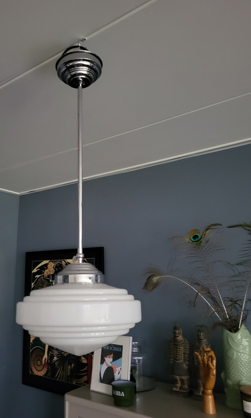 Art Deco Pendant Lamp In Gispen Style With White Opaline Glass Shade.