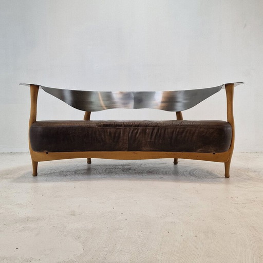 Vintage "Fantasy Island" sofa in wood, steel and leather by Kurt Bayer, Germany 1980