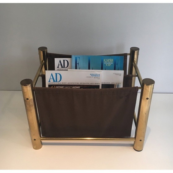 Image 1 of Vintage magazine rack in gilded metal and fabric, France 1970s