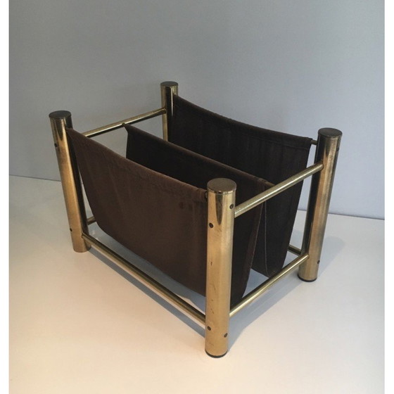 Image 1 of Vintage magazine rack in gilded metal and fabric, France 1970s