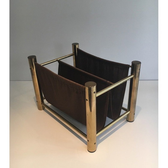 Image 1 of Vintage magazine rack in gilded metal and fabric, France 1970s