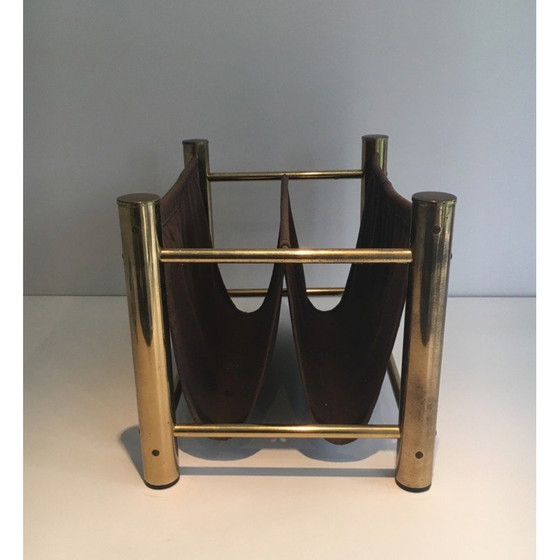 Image 1 of Vintage magazine rack in gilded metal and fabric, France 1970s