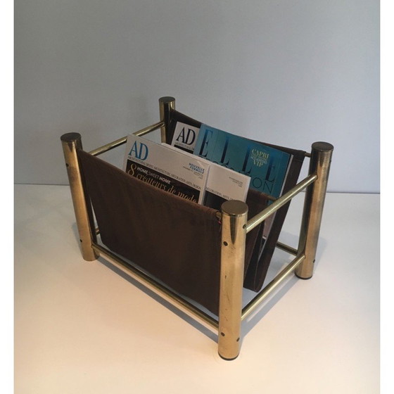 Image 1 of Vintage magazine rack in gilded metal and fabric, France 1970s