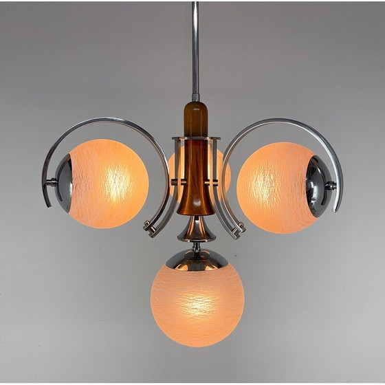 Image 1 of Vintage Art Deco chandelier in chrome and wood, Czechoslovakia 1930