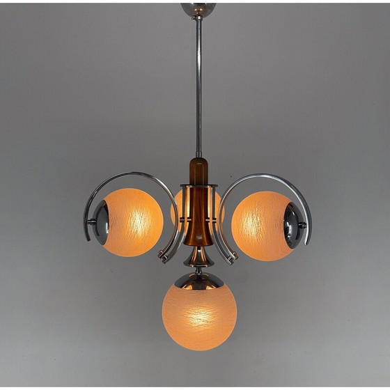 Image 1 of Vintage Art Deco chandelier in chrome and wood, Czechoslovakia 1930