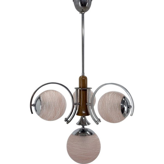 Image 1 of Vintage Art Deco chandelier in chrome and wood, Czechoslovakia 1930