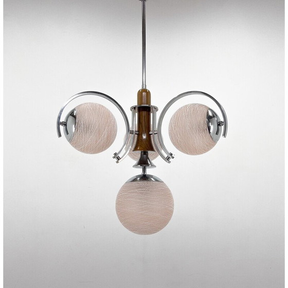 Image 1 of Vintage Art Deco chandelier in chrome and wood, Czechoslovakia 1930