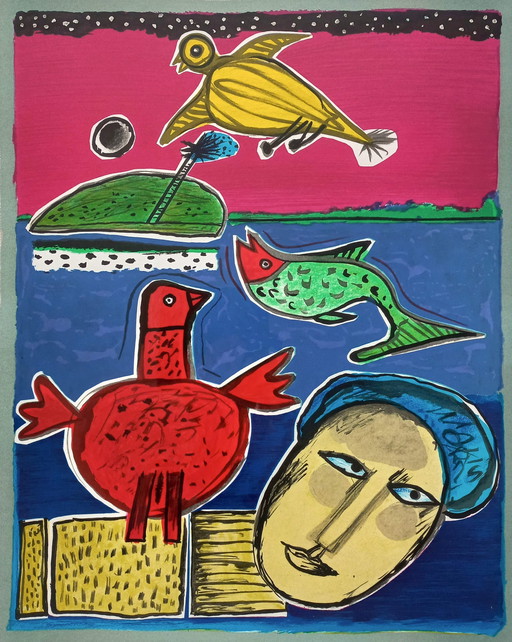 Corneille - Woman With Birds And Fish, Screenprint (Beautifully Framed)