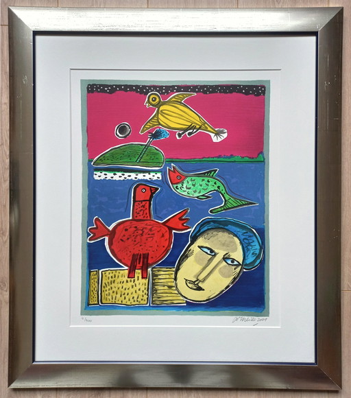 Corneille - Woman With Birds And Fish, Screenprint (Beautifully Framed)