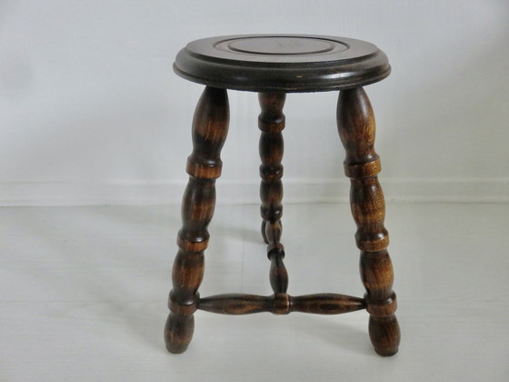 Image 1 of Antique Solid Wood Tripod Stool, Farm Stool 50's 60's