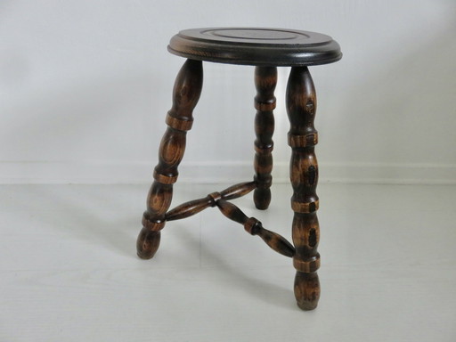 Antique Solid Wood Tripod Stool, Farm Stool 50's 60's