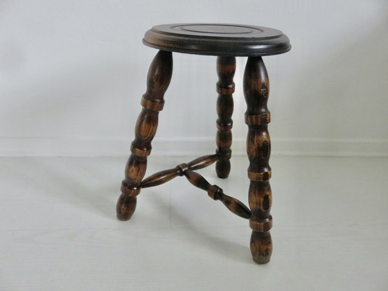 Image 1 of Antique Solid Wood Tripod Stool, Farm Stool 50's 60's