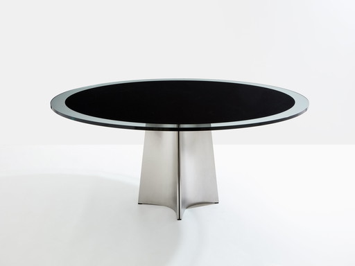 Luigi Saccardo for Arrmet Brushed Steel Black Glass Dining Table 1970s