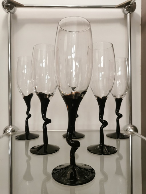 Set Of 6 Vintage Blown Glass Champagne Flutes