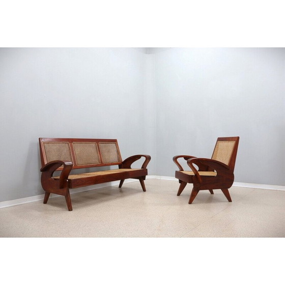 Image 1 of Mid century teak wood and Vienna straw living room set, 1950s