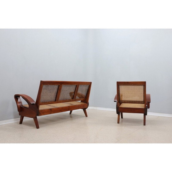 Image 1 of Mid century teak wood and Vienna straw living room set, 1950s