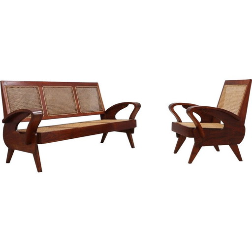 Mid century teak wood and Vienna straw living room set, 1950s