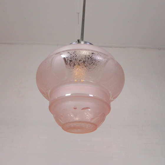 Image 1 of Art Deco Pendant Lamp With Pink Glass Shade, 1930s