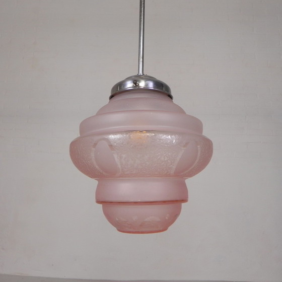 Image 1 of Art Deco Pendant Lamp With Pink Glass Shade, 1930s