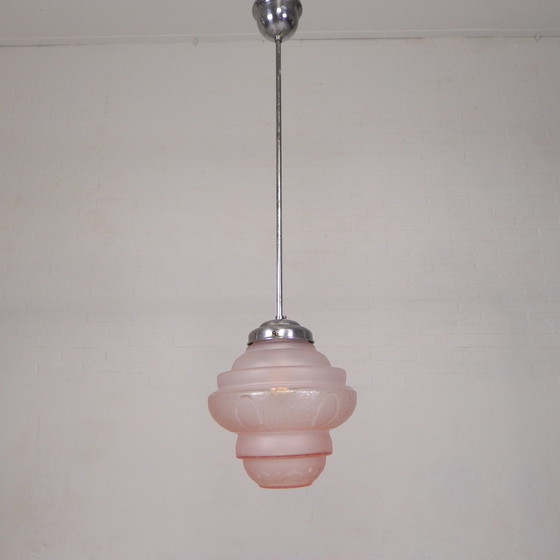 Image 1 of Art Deco Pendant Lamp With Pink Glass Shade, 1930s