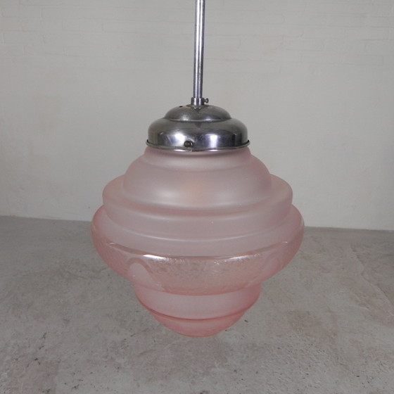 Image 1 of Art Deco Pendant Lamp With Pink Glass Shade, 1930s