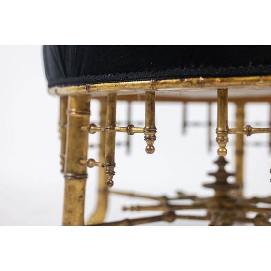 Image 1 of Vintage pouf in gilded wood and velvet fabric, France 1880