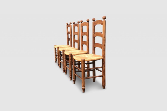 Image 1 of Rustic Oak And Wicker Dining Chair Georges Robert France 1960S, Set Of 4