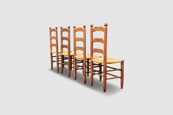 Image 1 of Rustic Oak And Wicker Dining Chair Georges Robert France 1960S, Set Of 4