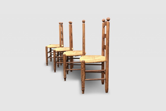 Image 1 of Rustic Oak And Wicker Dining Chair Georges Robert France 1960S, Set Of 4