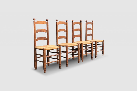 Image 1 of Rustic Oak And Wicker Dining Chair Georges Robert France 1960S, Set Of 4