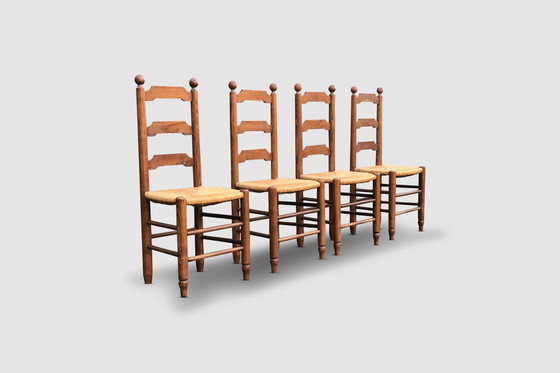 Image 1 of Rustic Oak And Wicker Dining Chair Georges Robert France 1960S, Set Of 4