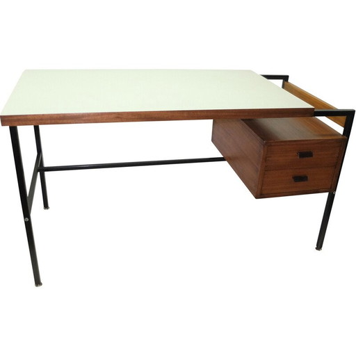 Vintage desk in black lacquered steel and mahogany, 1950