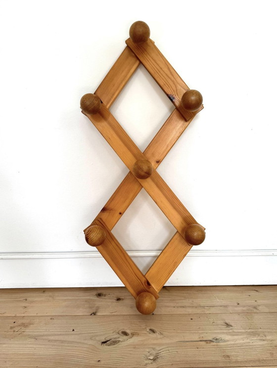 Image 1 of Large Danish Pine Wood Coat Rack Brutalist, Mid-Century / 1970S Foldable Coat Hook /Wardrobe Hanger /Wall Hook