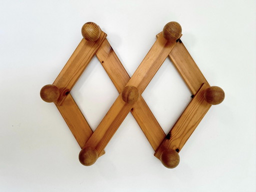 Large Danish Pine Wood Coat Rack Brutalist, Mid-Century / 1970S Foldable Coat Hook /Wardrobe Hanger /Wall Hook