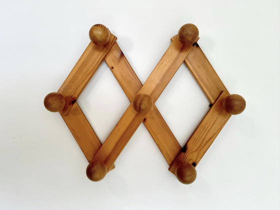 Image 1 of Large Danish Pine Wood Coat Rack Brutalist, Mid-Century / 1970S Foldable Coat Hook /Wardrobe Hanger /Wall Hook