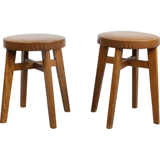 Image 1 of Pair of mid-century brown leatherette stools