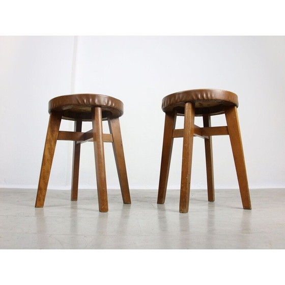 Image 1 of Pair of mid-century brown leatherette stools